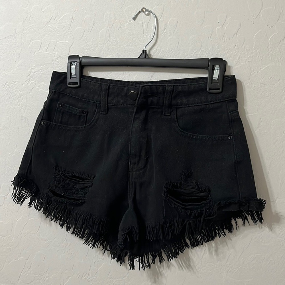 fringe black jean shorts